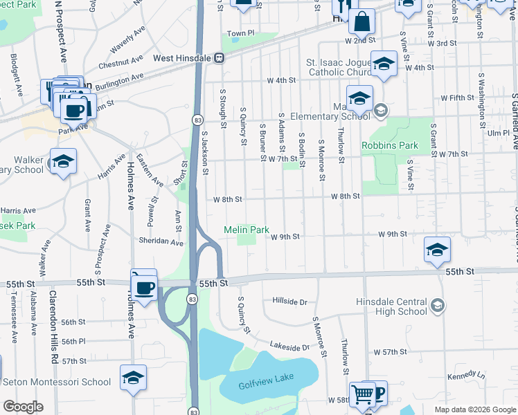 map of restaurants, bars, coffee shops, grocery stores, and more near in Hinsdale