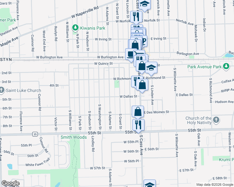 map of restaurants, bars, coffee shops, grocery stores, and more near 206 South Grant Street in Westmont