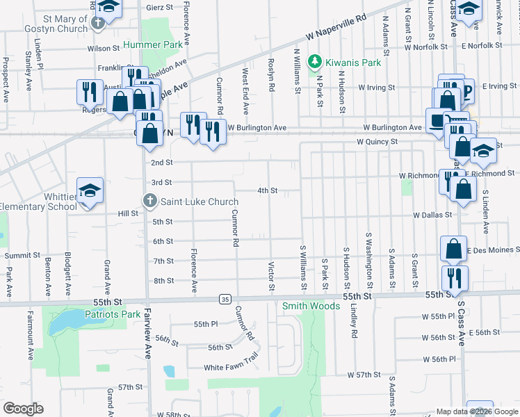 map of restaurants, bars, coffee shops, grocery stores, and more near 5302 Victor Street in Downers Grove