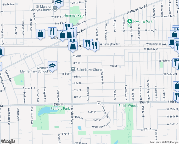 map of restaurants, bars, coffee shops, grocery stores, and more near 5301 Florence Avenue in Downers Grove