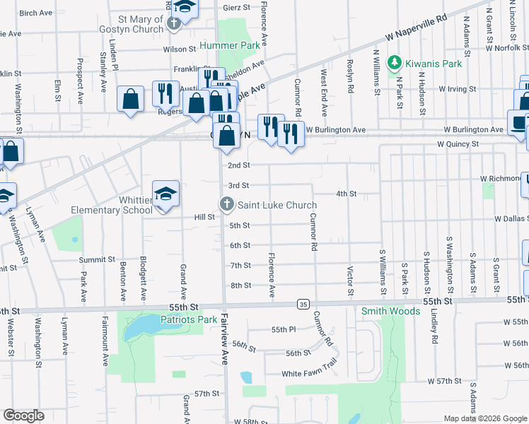 map of restaurants, bars, coffee shops, grocery stores, and more near 5301 Florence Avenue in Downers Grove