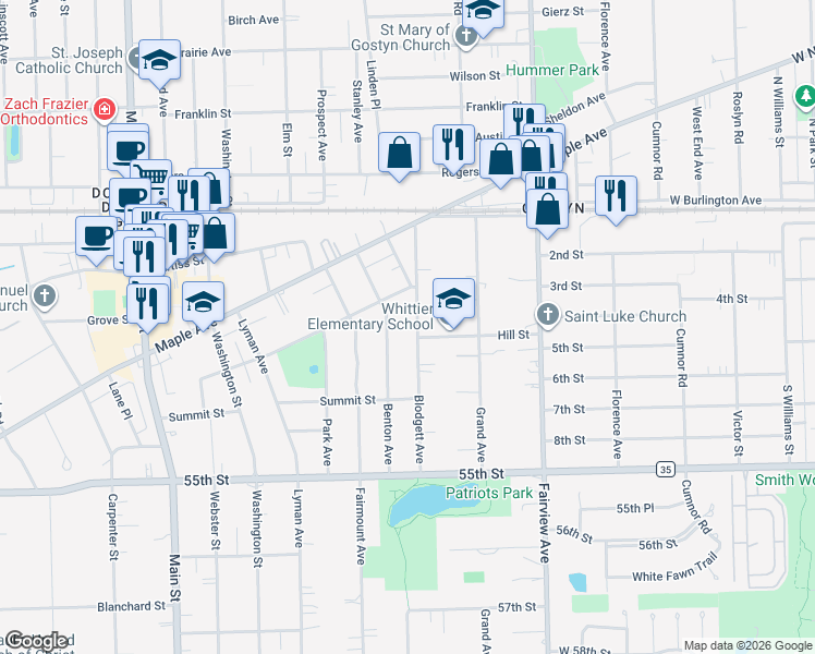map of restaurants, bars, coffee shops, grocery stores, and more near 5245 Benton Avenue in Downers Grove