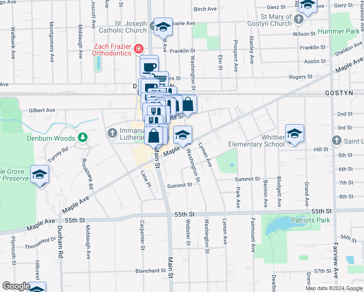 map of restaurants, bars, coffee shops, grocery stores, and more near 929 Maple Avenue in Downers Grove