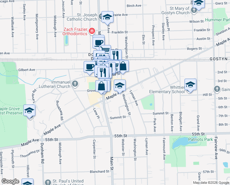 map of restaurants, bars, coffee shops, grocery stores, and more near 929 Maple Avenue in Downers Grove