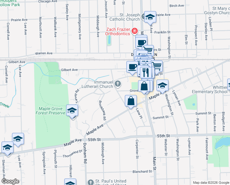 map of restaurants, bars, coffee shops, grocery stores, and more near 5236 Carpenter Street in Downers Grove