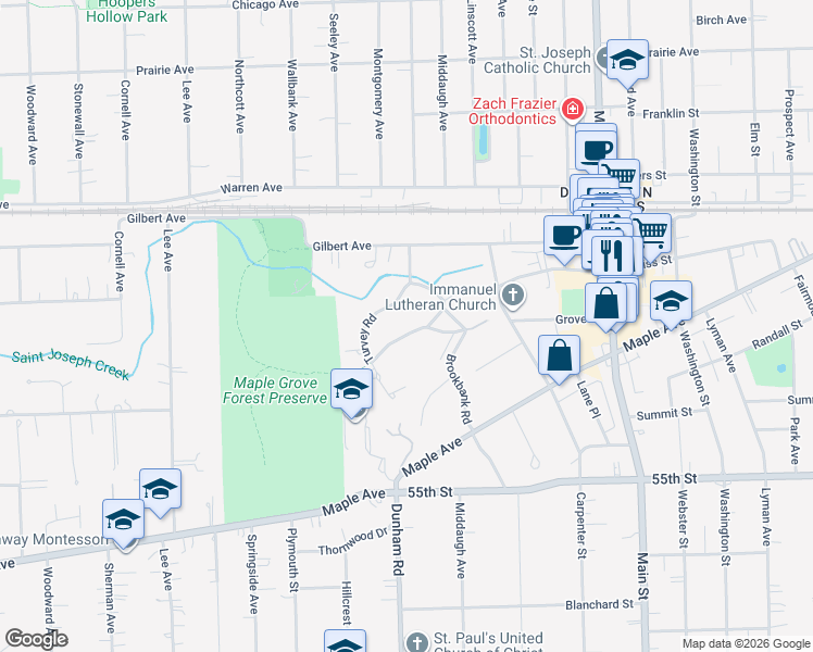 map of restaurants, bars, coffee shops, grocery stores, and more near 1343 Turvey Road in Downers Grove