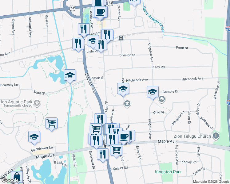 map of restaurants, bars, coffee shops, grocery stores, and more near 5135 Hawthorne Lane in Lisle