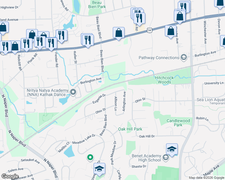 map of restaurants, bars, coffee shops, grocery stores, and more near 24W485 Eugenia Drive in Naperville