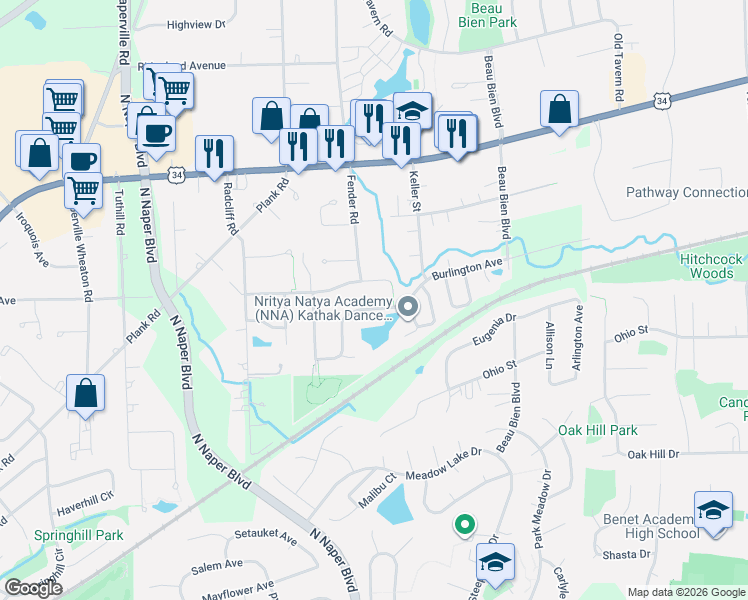 map of restaurants, bars, coffee shops, grocery stores, and more near 3007 Handley Drive in Lisle