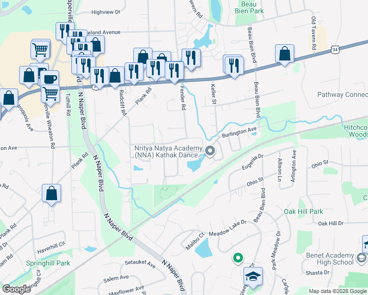 map of restaurants, bars, coffee shops, grocery stores, and more near 3007 Handley Drive in Lisle
