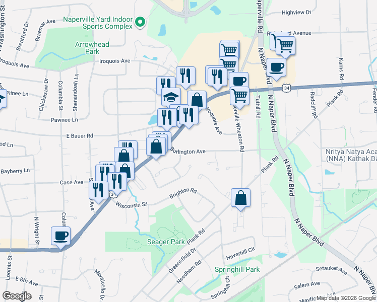 map of restaurants, bars, coffee shops, grocery stores, and more near 1312 East Avenue in Naperville