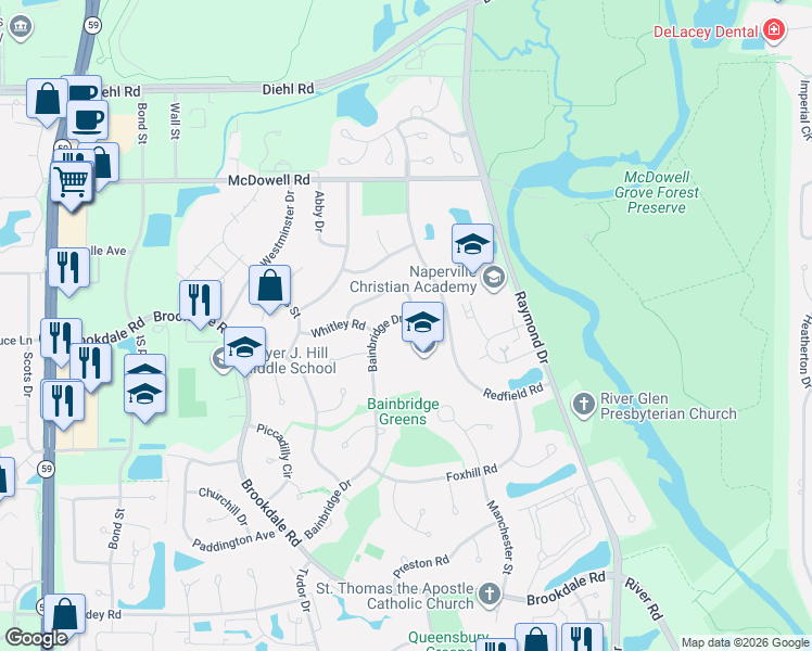 map of restaurants, bars, coffee shops, grocery stores, and more near 1200 Redfield Road in Naperville