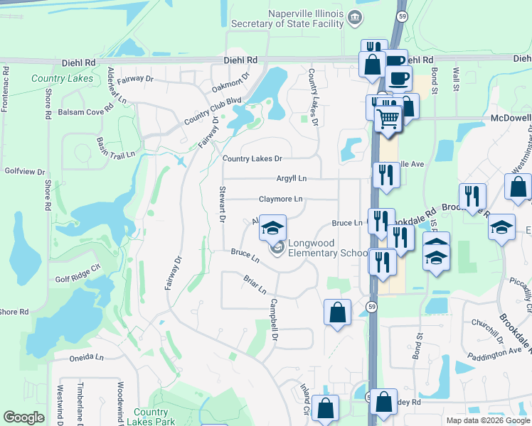 map of restaurants, bars, coffee shops, grocery stores, and more near 30W255 Allister Lane in Naperville