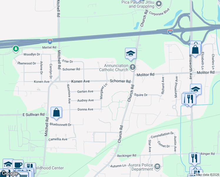 map of restaurants, bars, coffee shops, grocery stores, and more near 1705 Margaret Lane in Aurora