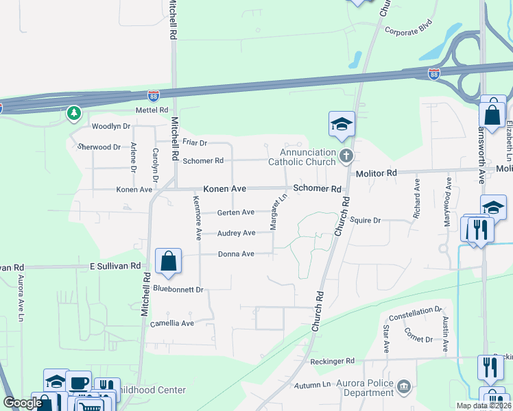 map of restaurants, bars, coffee shops, grocery stores, and more near 825 Gerten Avenue in Aurora