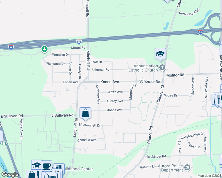map of restaurants, bars, coffee shops, grocery stores, and more near 755 Gerten Avenue in Aurora