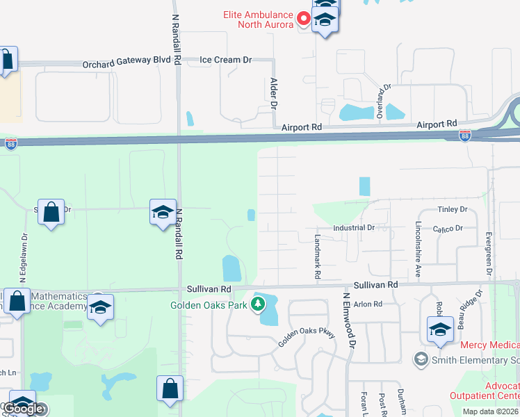 map of restaurants, bars, coffee shops, grocery stores, and more near 1145 Sullivan Road in Aurora