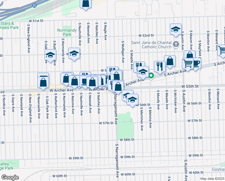 map of restaurants, bars, coffee shops, grocery stores, and more near 5523 South Narragansett Avenue in Chicago