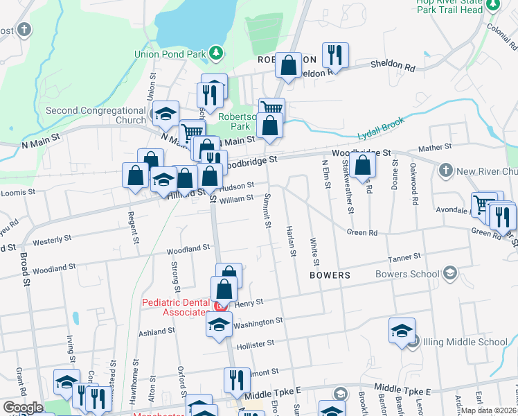 map of restaurants, bars, coffee shops, grocery stores, and more near 414 Summit Street in Manchester