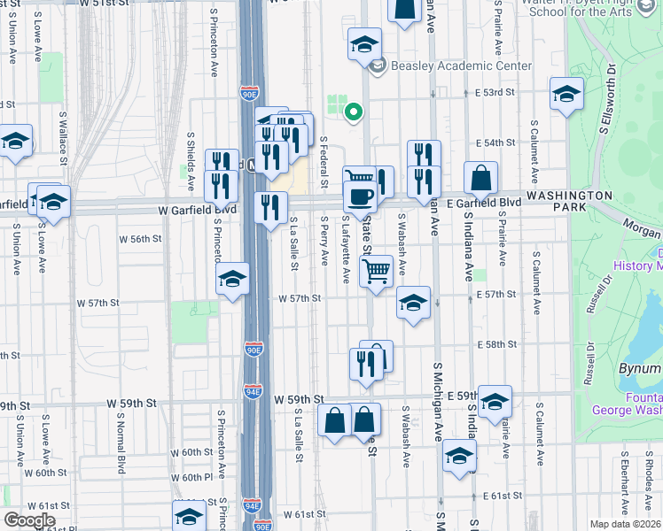 map of restaurants, bars, coffee shops, grocery stores, and more near 5642 South Lafayette Avenue in Chicago