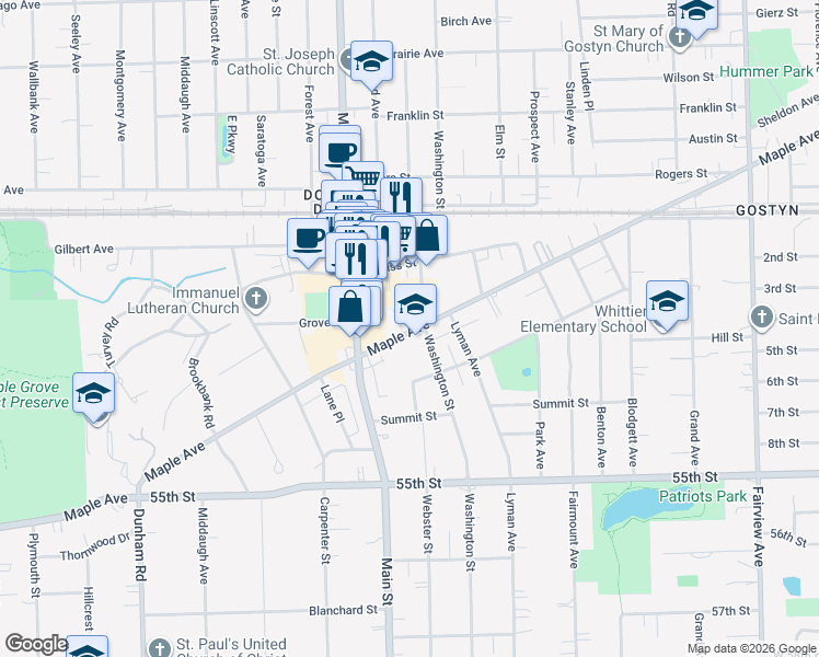 map of restaurants, bars, coffee shops, grocery stores, and more near 926 Maple Avenue in Downers Grove