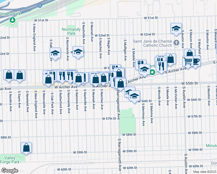 map of restaurants, bars, coffee shops, grocery stores, and more near 6435 West Archer Avenue in Chicago