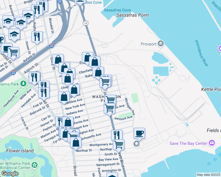 map of restaurants, bars, coffee shops, grocery stores, and more near 199 New York Avenue in Providence
