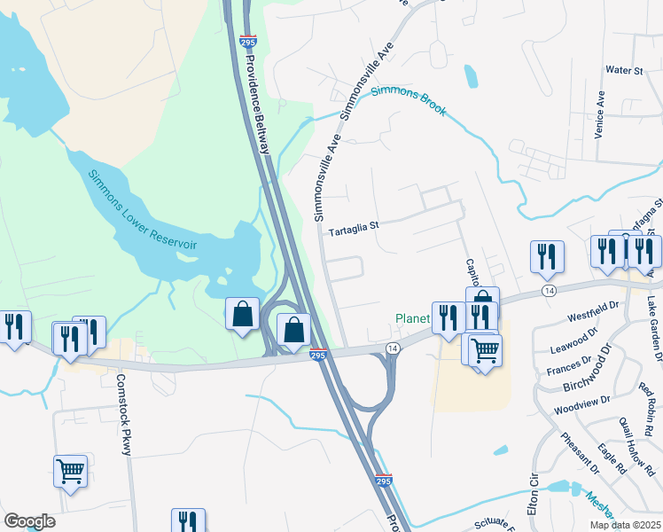 map of restaurants, bars, coffee shops, grocery stores, and more near 32 Simmonsville Avenue in Johnston