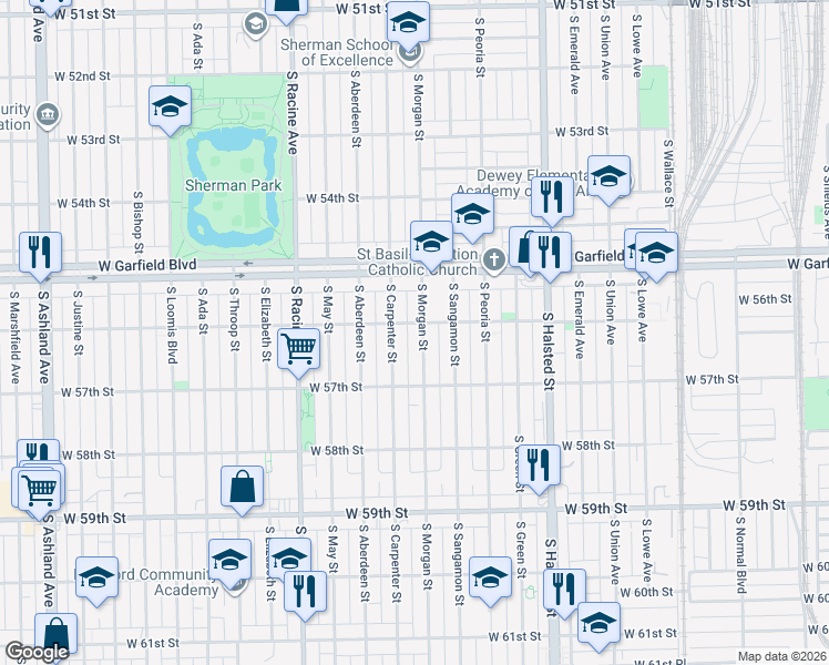 map of restaurants, bars, coffee shops, grocery stores, and more near 5631 South Carpenter Street in Chicago