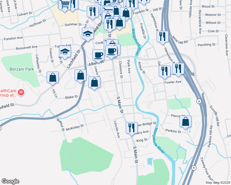 map of restaurants, bars, coffee shops, grocery stores, and more near 404 South Main Street in Torrington