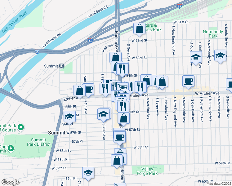 map of restaurants, bars, coffee shops, grocery stores, and more near 7206 Archer Avenue in Summit
