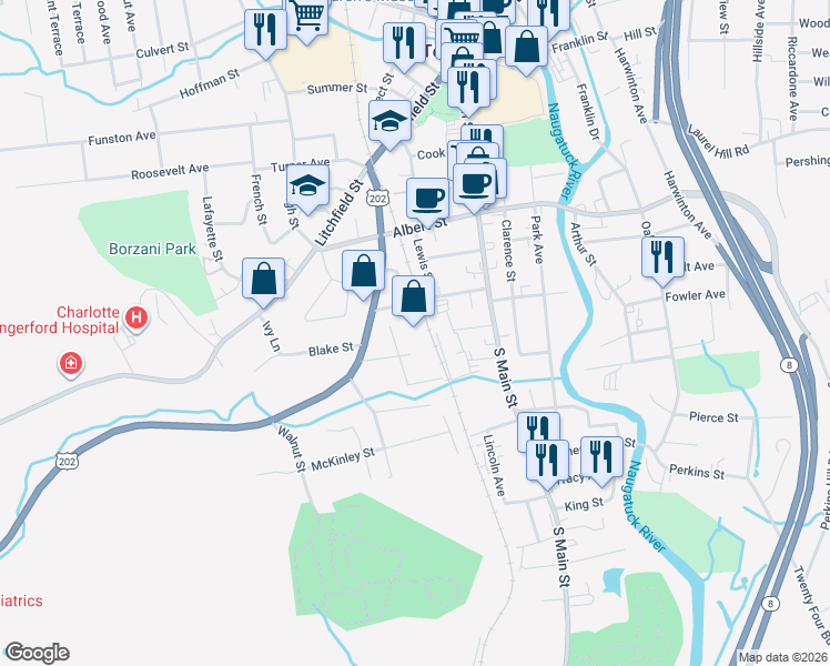 map of restaurants, bars, coffee shops, grocery stores, and more near 30 Irene Street in Torrington