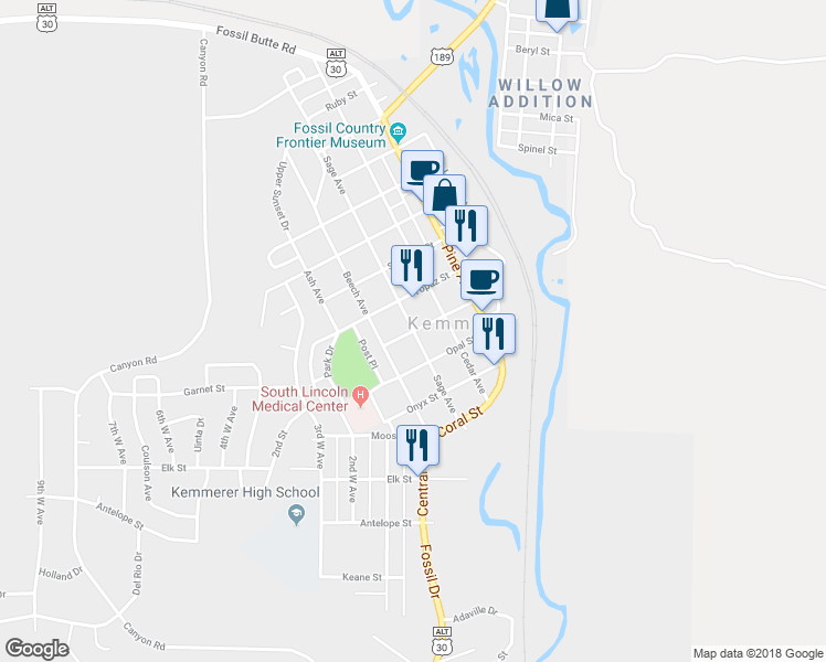 map of restaurants, bars, coffee shops, grocery stores, and more near Sage Avenue & Garnet Street in Kemmerer