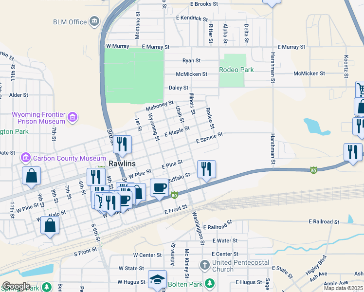 map of restaurants, bars, coffee shops, grocery stores, and more near 303 East Pine Street in Rawlins