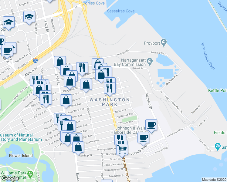 map of restaurants, bars, coffee shops, grocery stores, and more near 199 New York Avenue in Providence