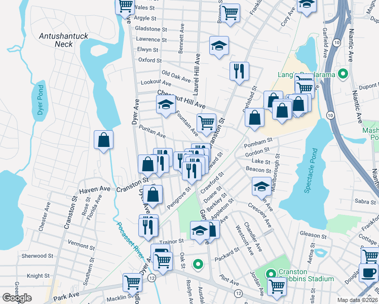 map of restaurants, bars, coffee shops, grocery stores, and more near 12 Pendleton Street in Cranston