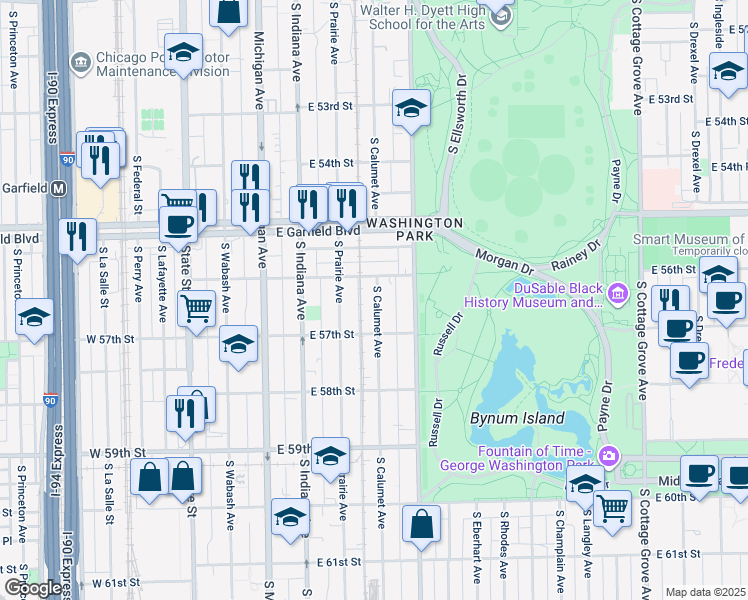 map of restaurants, bars, coffee shops, grocery stores, and more near 5648 South Calumet Avenue in Chicago