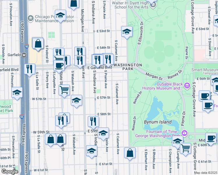 map of restaurants, bars, coffee shops, grocery stores, and more near 5648 South Calumet Avenue in Chicago