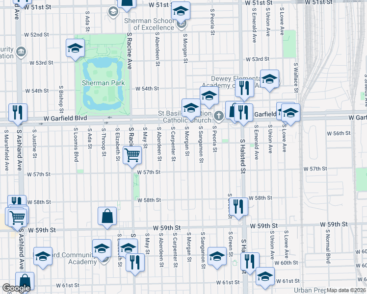 map of restaurants, bars, coffee shops, grocery stores, and more near 5631 South Carpenter Street in Chicago