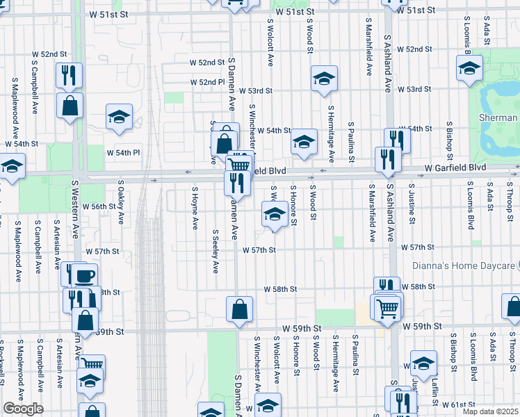 map of restaurants, bars, coffee shops, grocery stores, and more near 5618 South Wolcott Avenue in Chicago