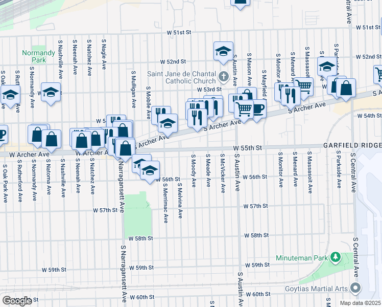 map of restaurants, bars, coffee shops, grocery stores, and more near 5531 South Moody Avenue in Chicago