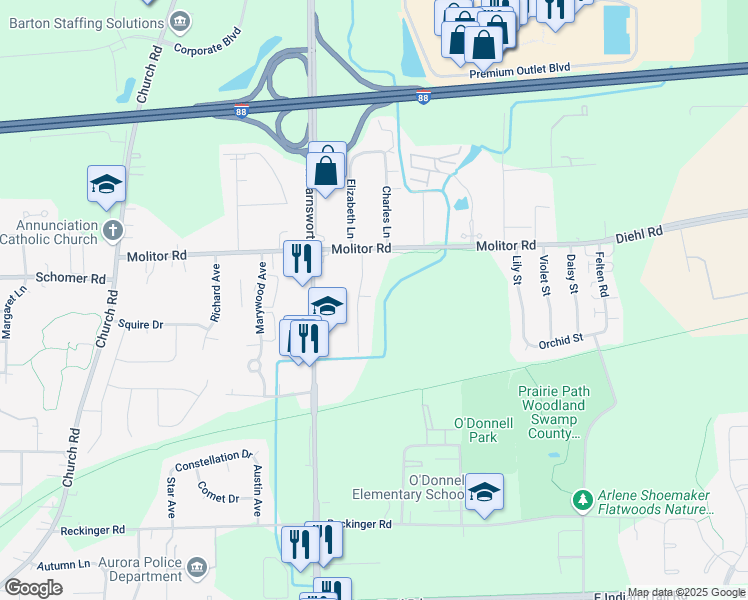 map of restaurants, bars, coffee shops, grocery stores, and more near 1691 Gary Avenue in Aurora