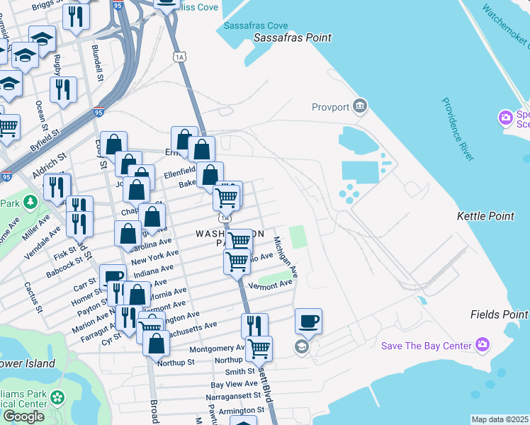 map of restaurants, bars, coffee shops, grocery stores, and more near 1 Michigan Avenue in Providence