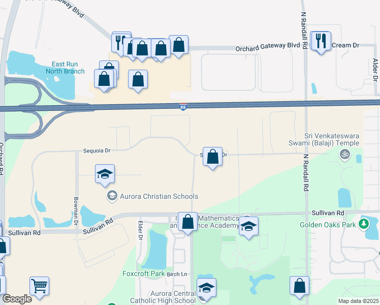 map of restaurants, bars, coffee shops, grocery stores, and more near Sequoia Drive in Aurora