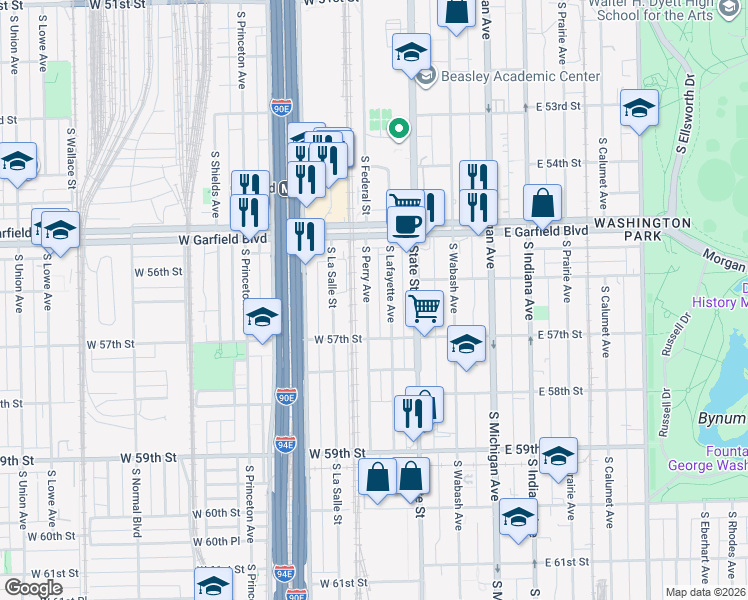 map of restaurants, bars, coffee shops, grocery stores, and more near 5642 South Lafayette Avenue in Chicago