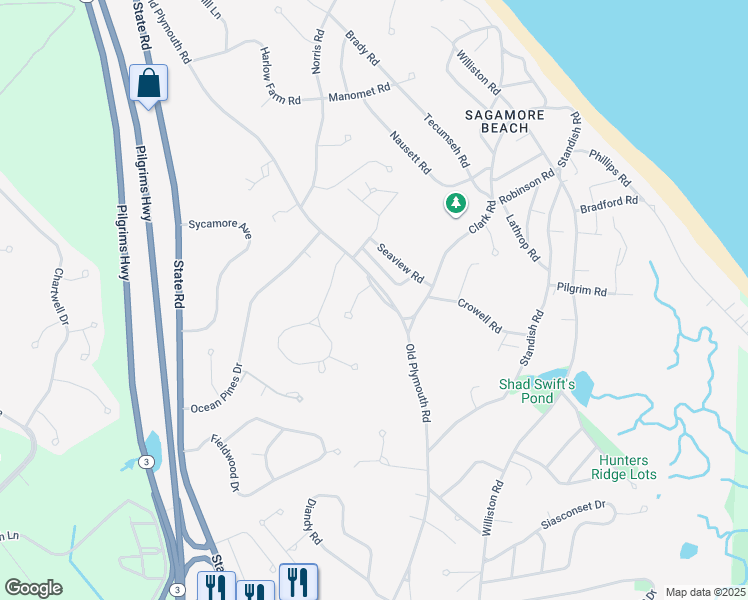 map of restaurants, bars, coffee shops, grocery stores, and more near 285 Old Plymouth Road in Bourne