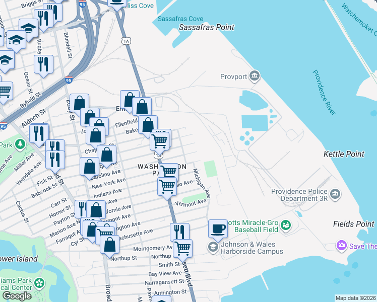 map of restaurants, bars, coffee shops, grocery stores, and more near 1 Michigan Avenue in Providence