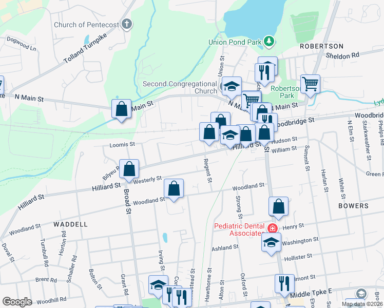 map of restaurants, bars, coffee shops, grocery stores, and more near 131 Hilliard Street in Manchester