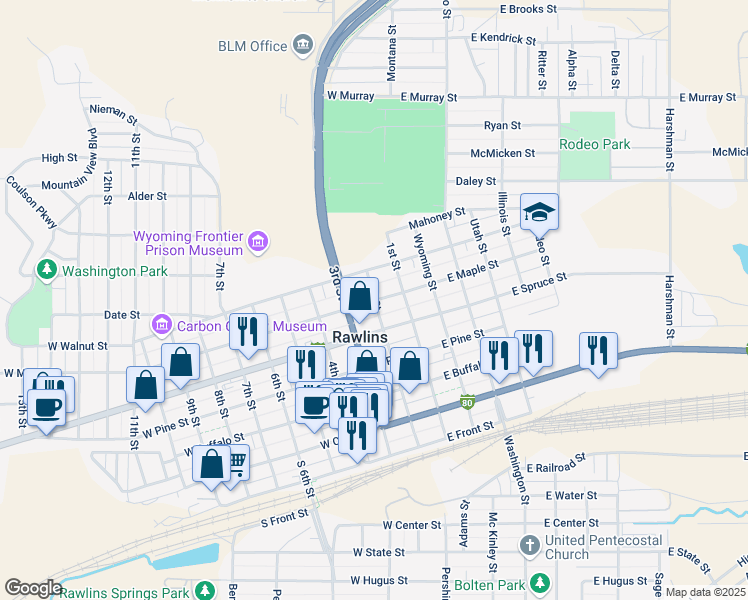 map of restaurants, bars, coffee shops, grocery stores, and more near 601 2nd Street in Rawlins