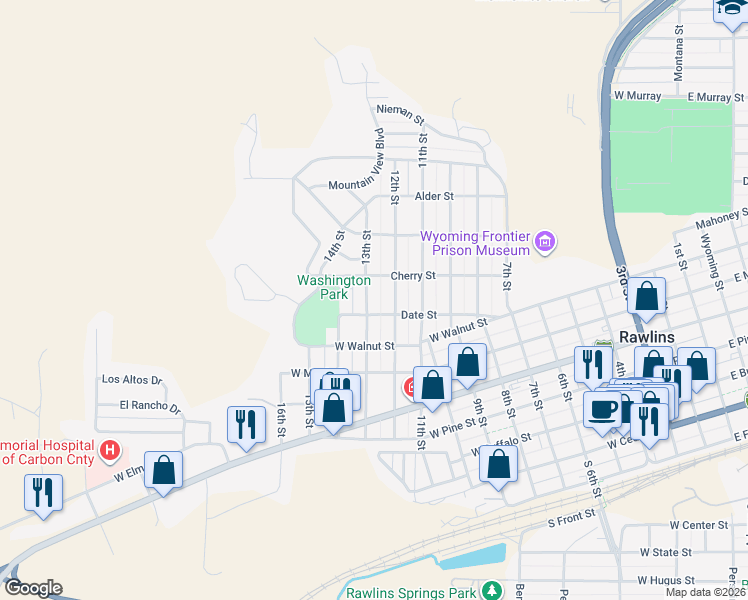 map of restaurants, bars, coffee shops, grocery stores, and more near 1200-1298 Cherry Street in Rawlins